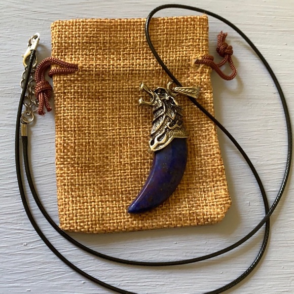 Wolf Tooth Pendant | Mens Crystal Necklace | Lapis Necklace | Boyfriend Gift - Picture 1 of 3